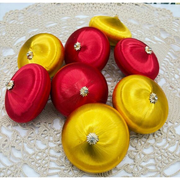 Lot of 8 Vintage Red and Yellow Satin UFO Shaped Christmas Ornaments 70s - Picture 1 of 6